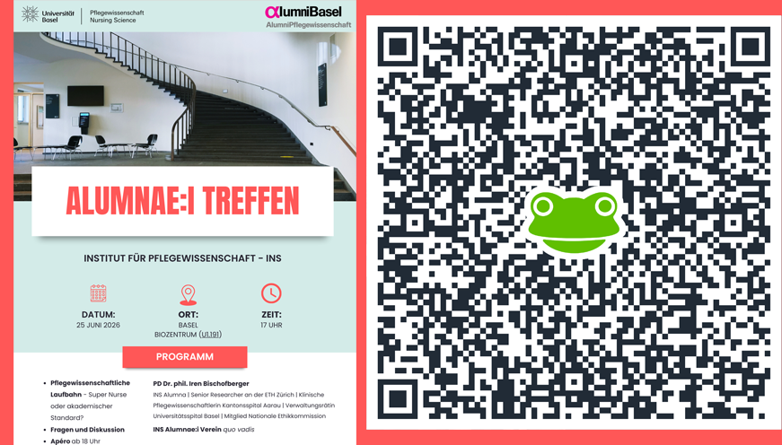 Flyer und QR-Code zur Alumnae:i Auftaktveranstaltung